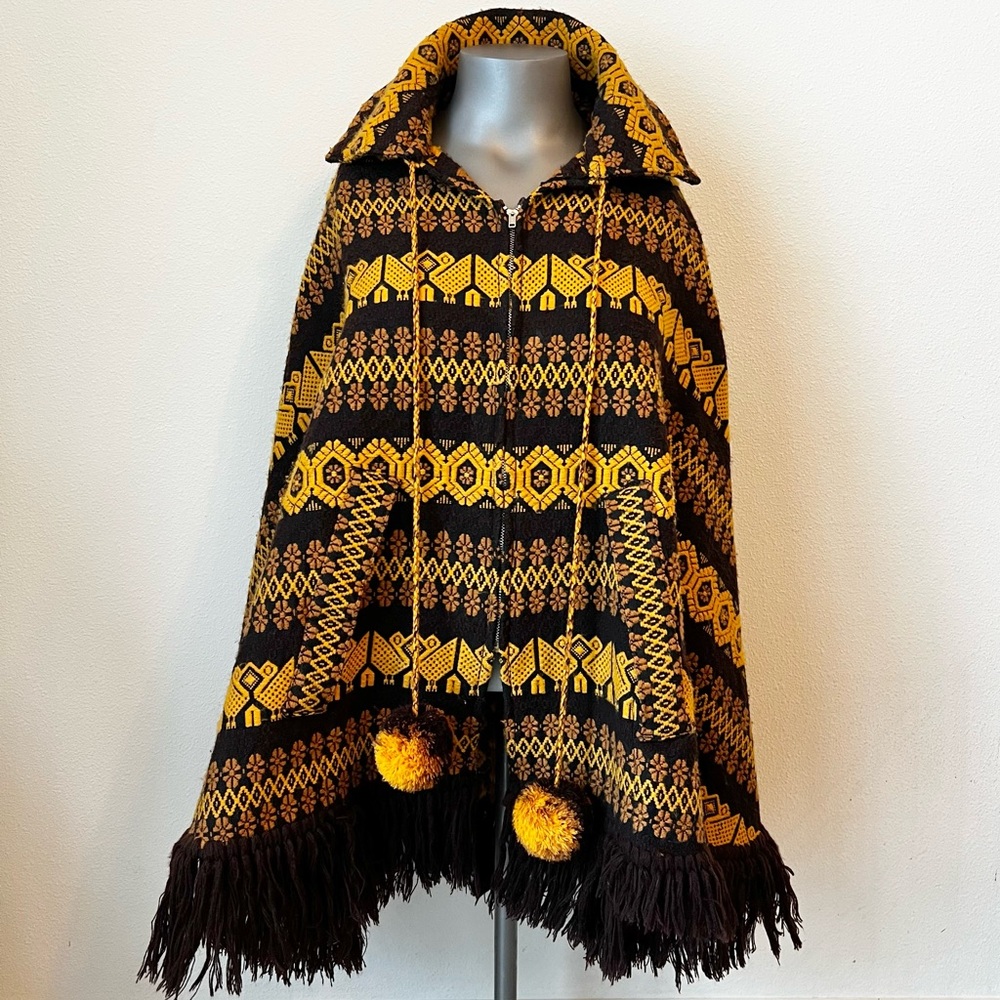 Epic 1960’s Vintage Handmade Guatemala Colorful Pom-Pom Cape Poncho Wool? Gold